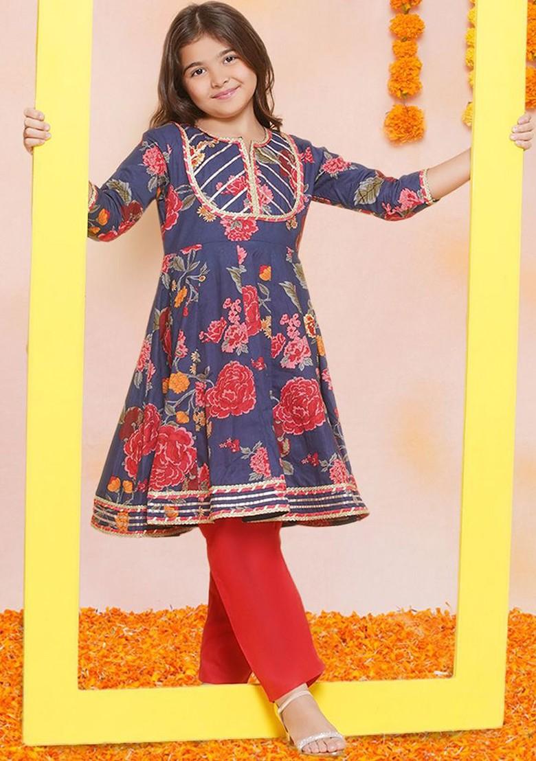 Navy Blue Girls Floral Printed Gotta Patti Pure Cotton Anarkali Kurta With Palazzos