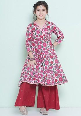 Pink Girls Floral Printed Angrakha Pure Cotton Anarkali Kurta With Palazzos