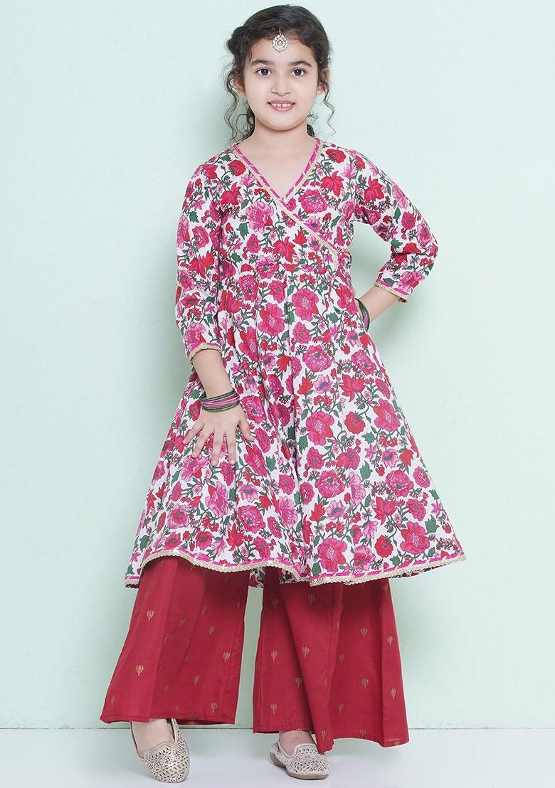 Pink Girls Floral Printed Angrakha Pure Cotton Anarkali Kurta With Palazzos