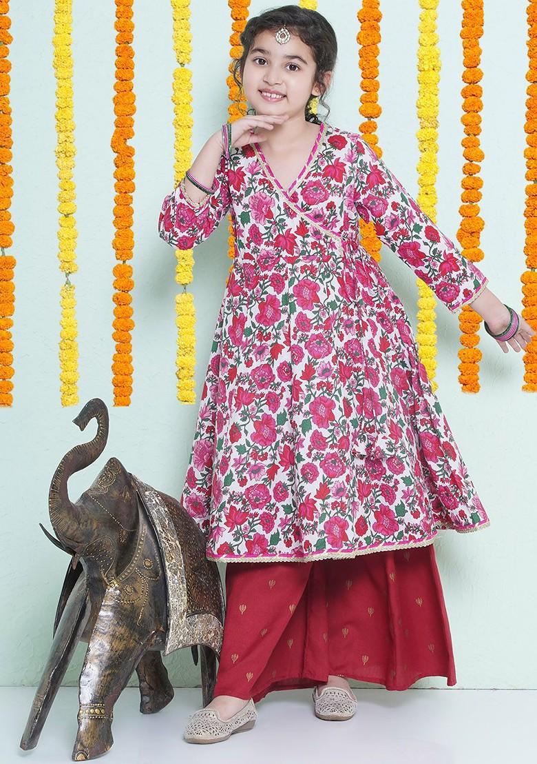 Pink Girls Floral Printed Angrakha Pure Cotton Anarkali Kurta With Palazzos