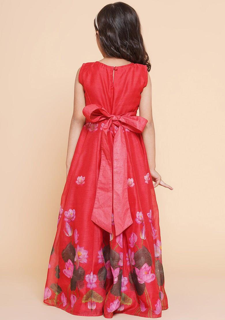 Red Girls Floral Printed Cut Out Gown