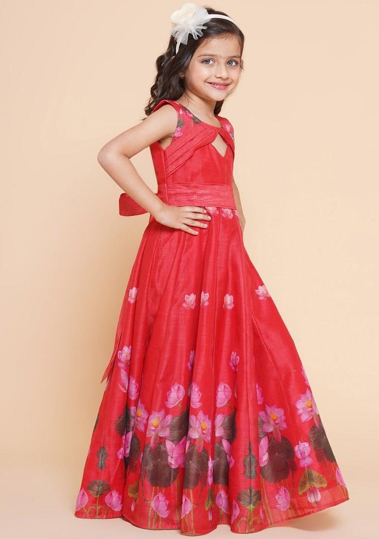 Red Girls Floral Printed Cut Out Gown