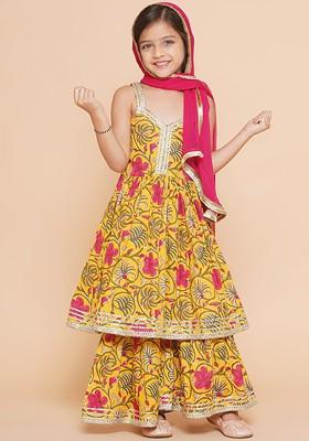 Yellow Girls Yellow Floral Printed Empire Gotta Patti Pure Cotton Kurta With Sharara And With Dupatta