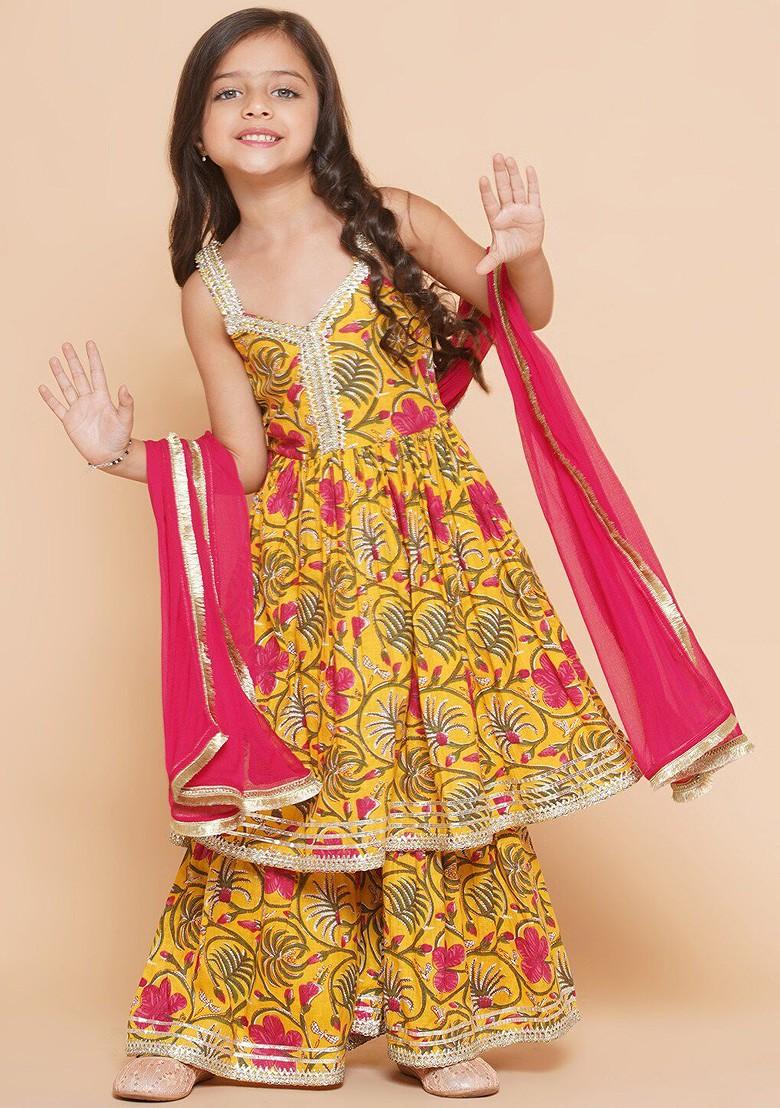 Yellow Girls Yellow Floral Printed Empire Gotta Patti Pure Cotton Kurta With Sharara And With Dupatta