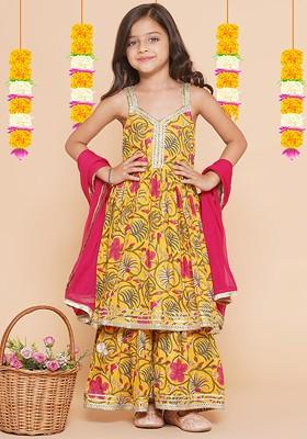 Yellow Girls Yellow Floral Printed Empire Gotta Patti Pure Cotton Kurta With Sharara And With Dupatta