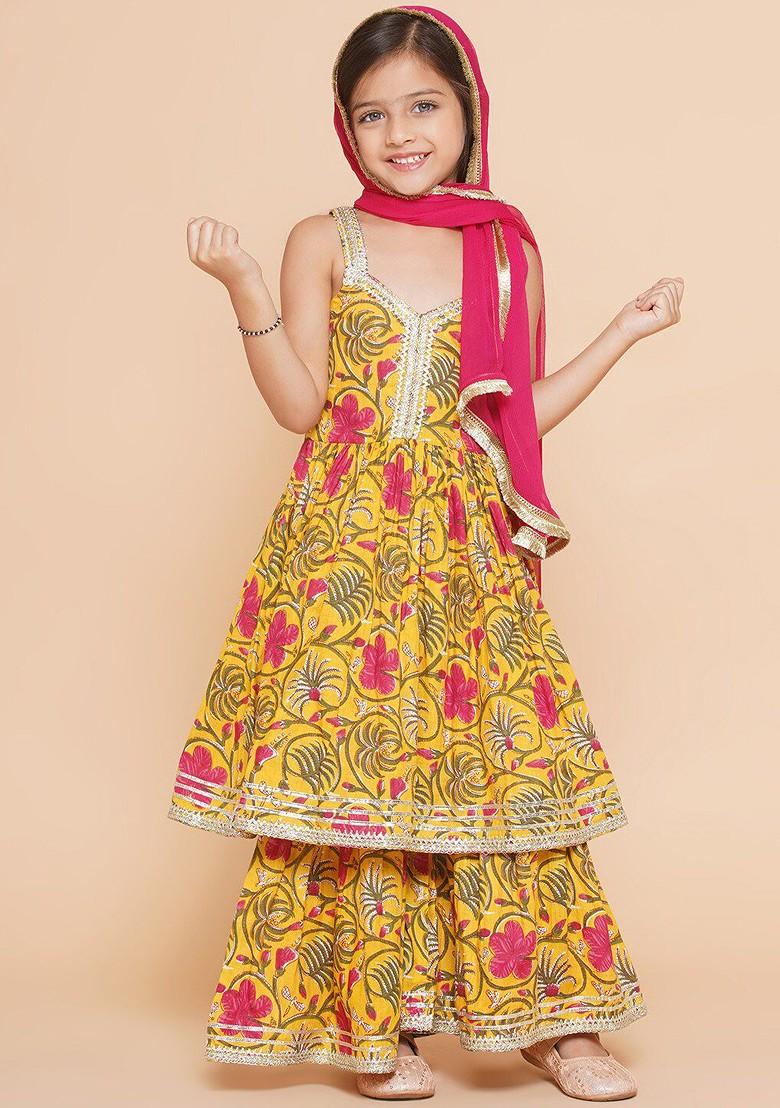 Yellow Girls Yellow Floral Printed Empire Gotta Patti Pure Cotton Kurta With Sharara And With Dupatta
