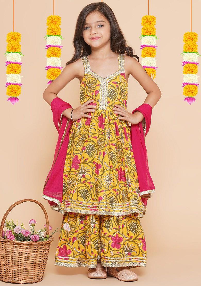 Yellow Girls Yellow Floral Printed Empire Gotta Patti Pure Cotton Kurta With Sharara And With Dupatta