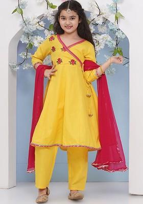 Yellow Girls Floral Embroidered Angrakha Gotta Patti Pure Cotton Kurta With Trousers And With Dupatta