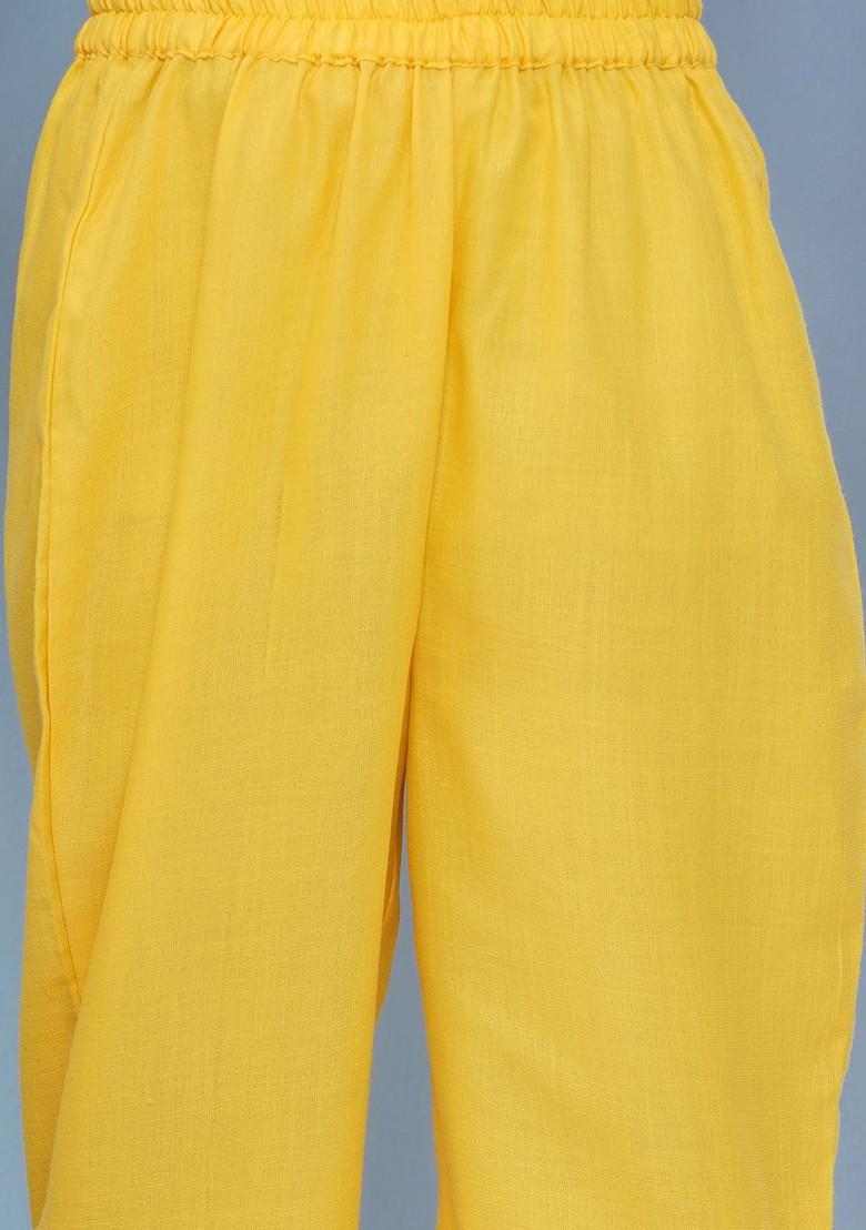 Yellow Girls Floral Embroidered Angrakha Gotta Patti Pure Cotton Kurta With Trousers And With Dupatta