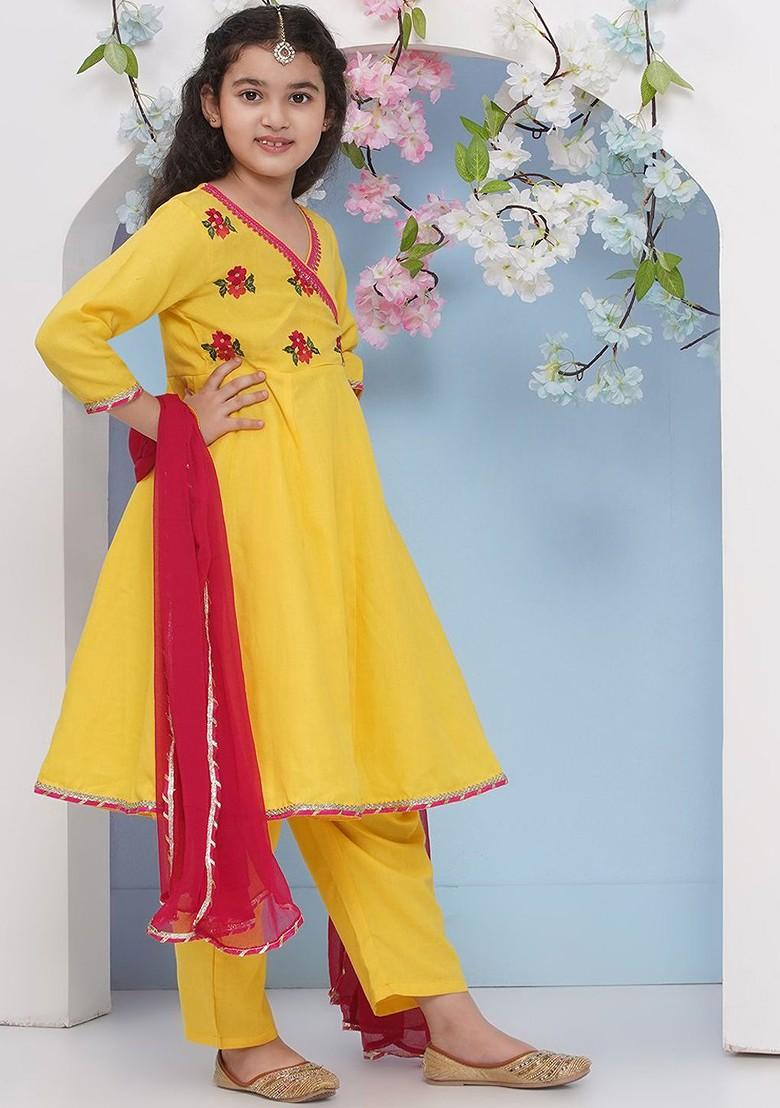 Yellow Girls Floral Embroidered Angrakha Gotta Patti Pure Cotton Kurta With Trousers And With Dupatta