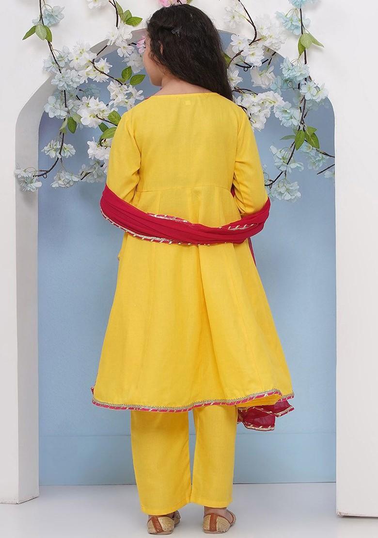 Yellow Girls Floral Embroidered Angrakha Gotta Patti Pure Cotton Kurta With Trousers And With Dupatta