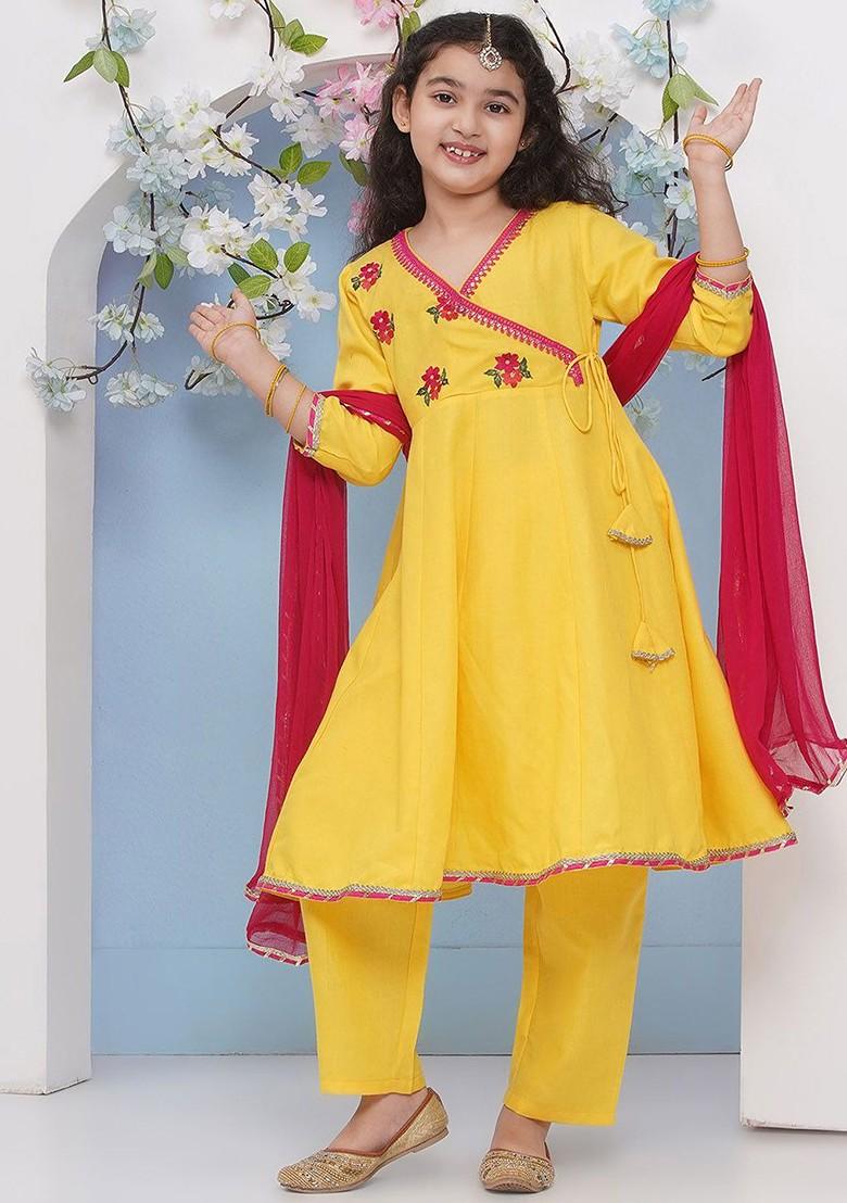 Yellow Girls Floral Embroidered Angrakha Gotta Patti Pure Cotton Kurta With Trousers And With Dupatta