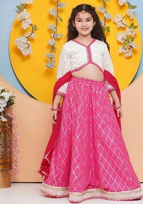 Pink Girls Foil Print Ready To Wear Lehenga And Blouse With Dupatta