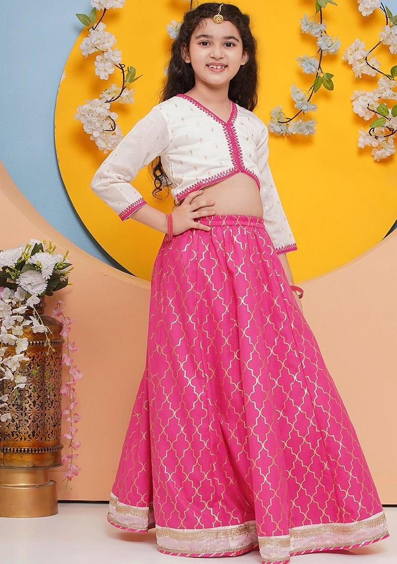Pink Girls Foil Print Ready To Wear Lehenga And Blouse With Dupatta