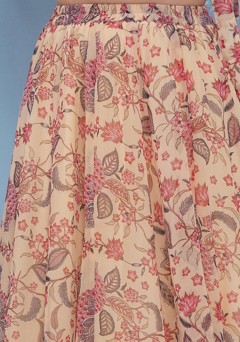 Beige Girls Printed Ready To Wear Lehenga And Blouse With Dupatta