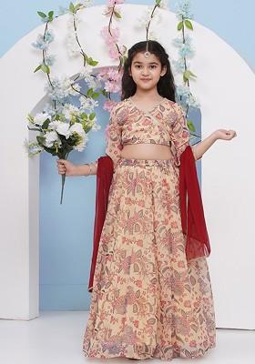 Beige Girls Printed Ready To Wear Lehenga And Blouse With Dupatta