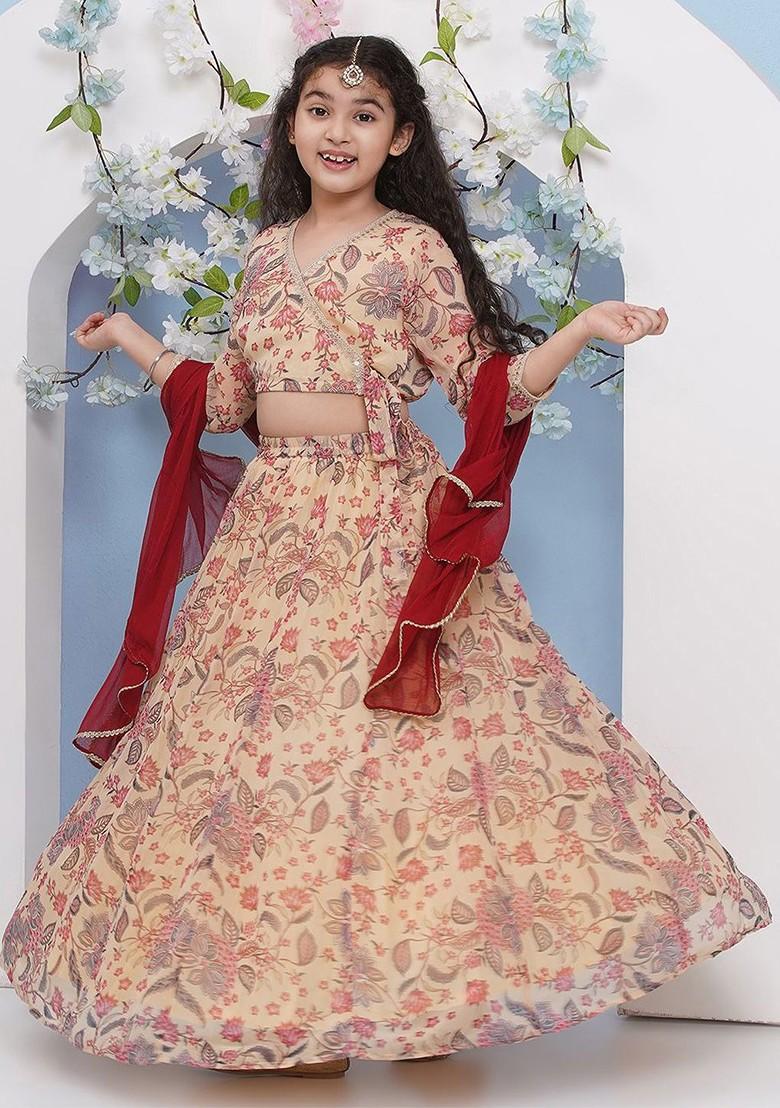 Beige Girls Printed Ready To Wear Lehenga And Blouse With Dupatta