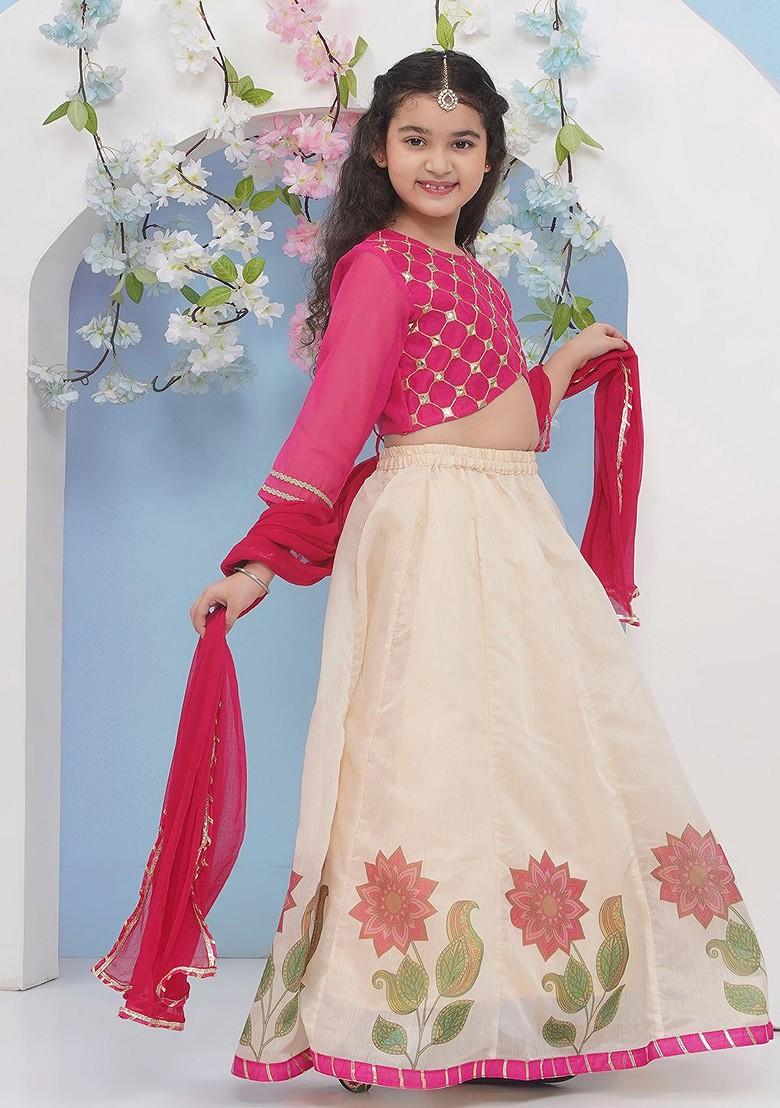 Pink Girls Embroidered Mirror Work Ready To Wear Lehenga And Blouse With Dupatta