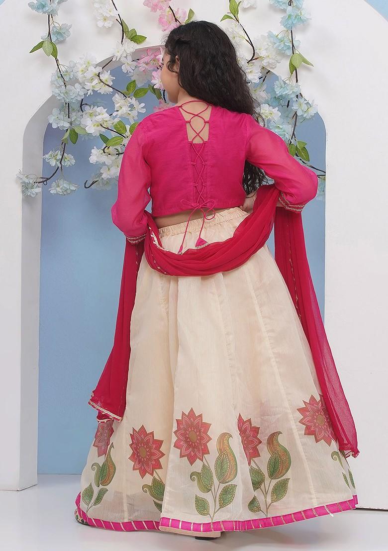 Pink Girls Embroidered Mirror Work Ready To Wear Lehenga And Blouse With Dupatta