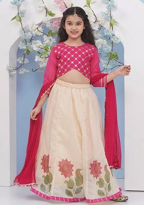 Pink Girls Embroidered Mirror Work Ready To Wear Lehenga And Blouse With Dupatta
