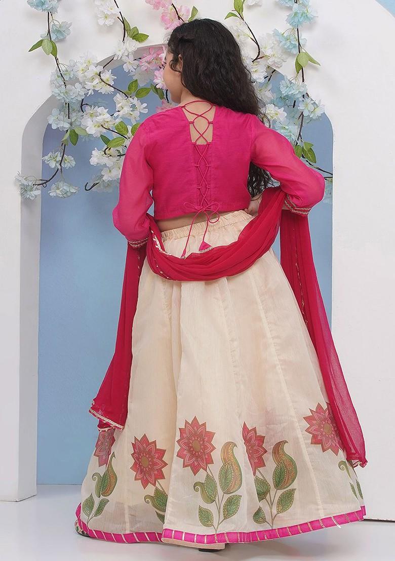 Pink Girls Embroidered Mirror Work Ready To Wear Lehenga And Blouse With Dupatta
