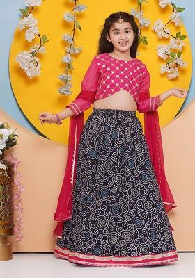 Pink Girls Embroidered Mirror Work Ready To Wear Lehenga And Blouse With Dupatta