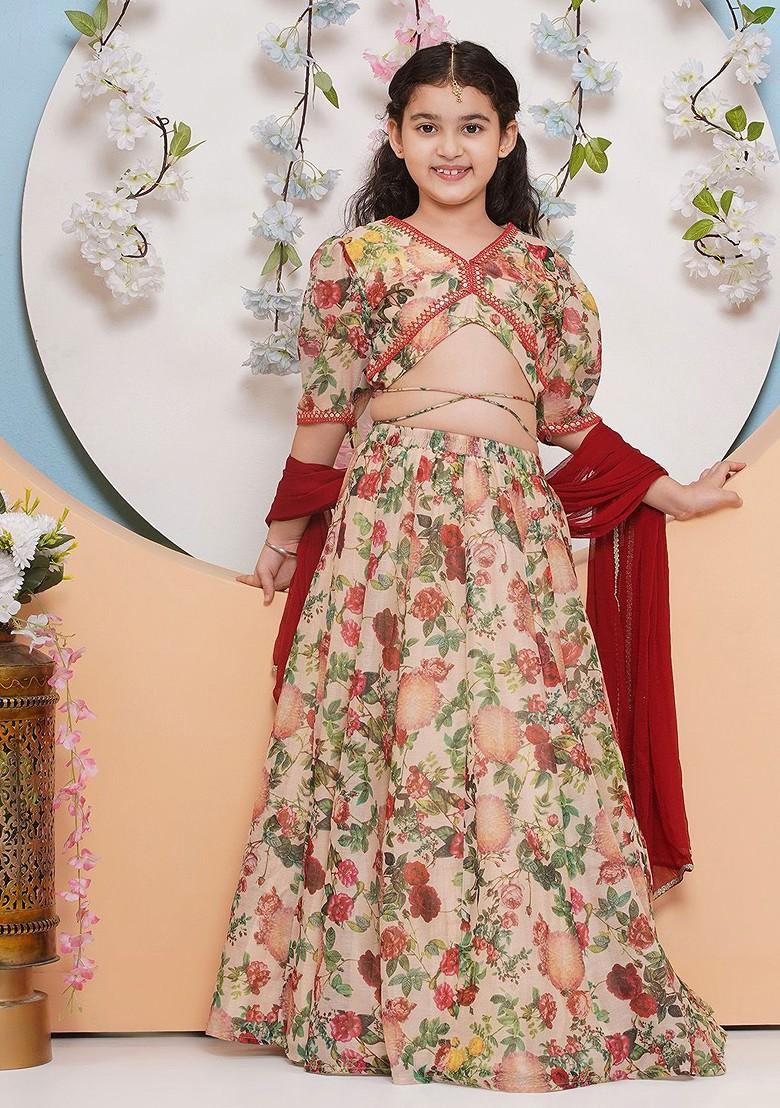 Beige Girls Printed Ready To Wear Lehenga And Blouse With Dupatta