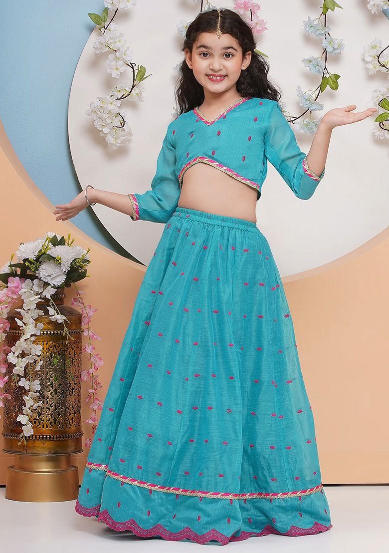 Blue Girls Embroidered Ready To Wear Lehenga And Blouse With Dupatta