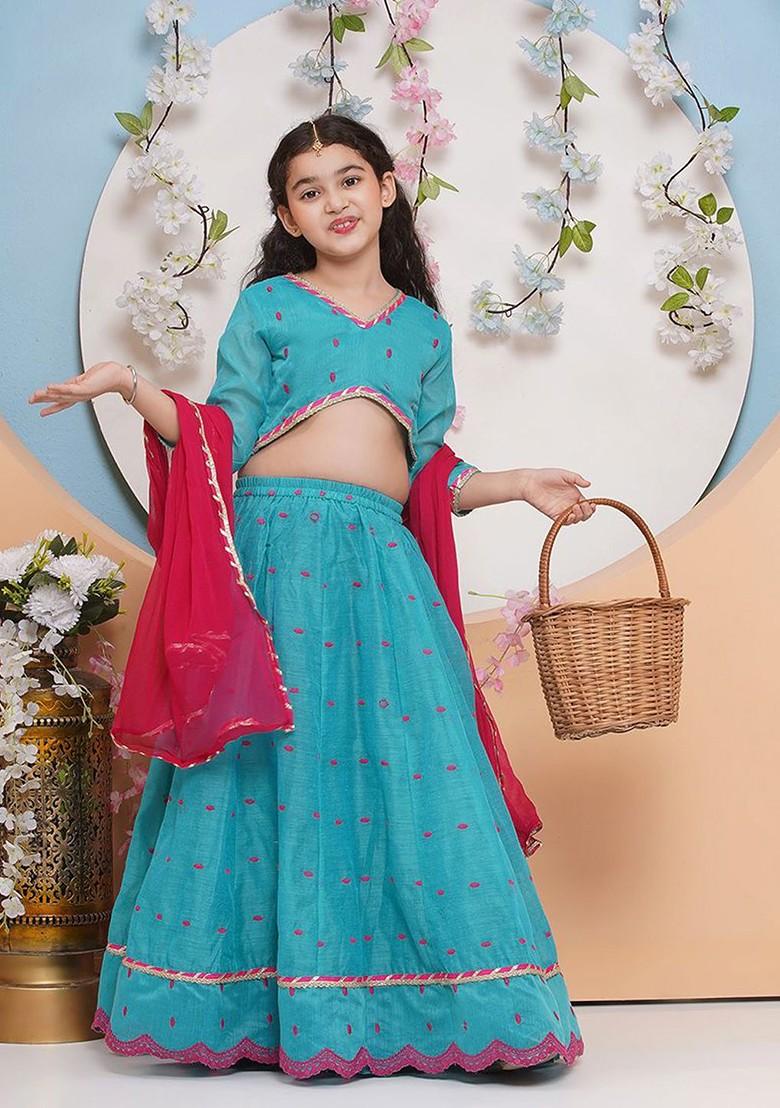 Blue Girls Embroidered Ready To Wear Lehenga And Blouse With Dupatta