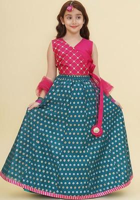 Turquoise Blue Girls Embroidered Mirror Work Ready To Wear Lehenga And Blouse With Dupatta