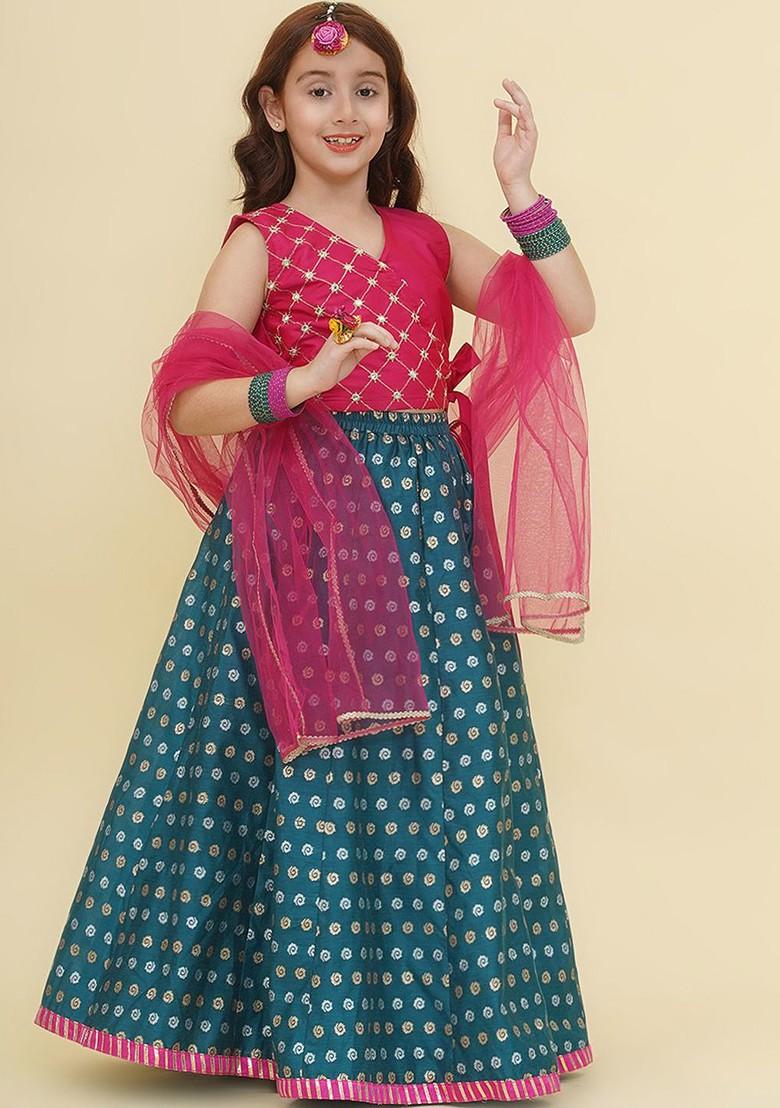 Turquoise Blue Girls Embroidered Mirror Work Ready To Wear Lehenga And Blouse With Dupatta