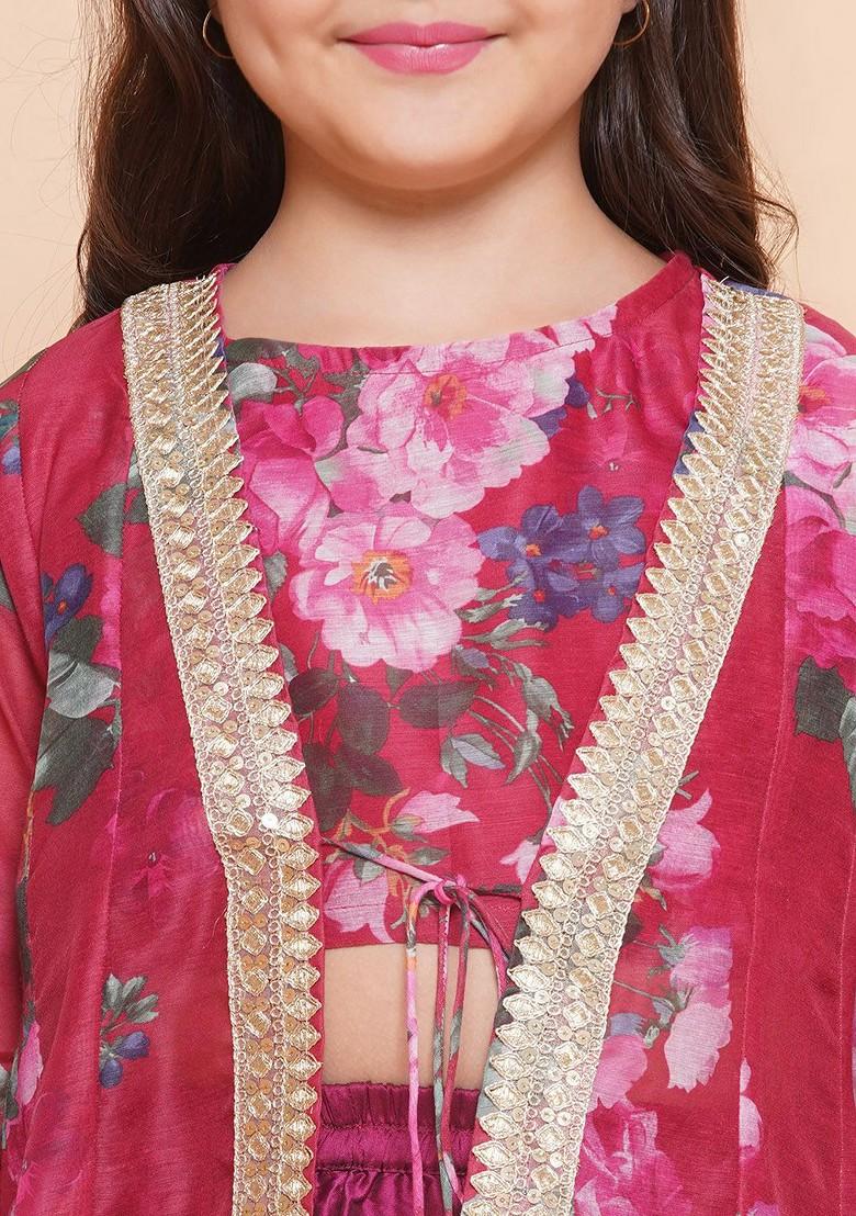 Pink Girls Floral Printed Mirror Work Ready To Wear Lehenga And Blouse With Shrug
