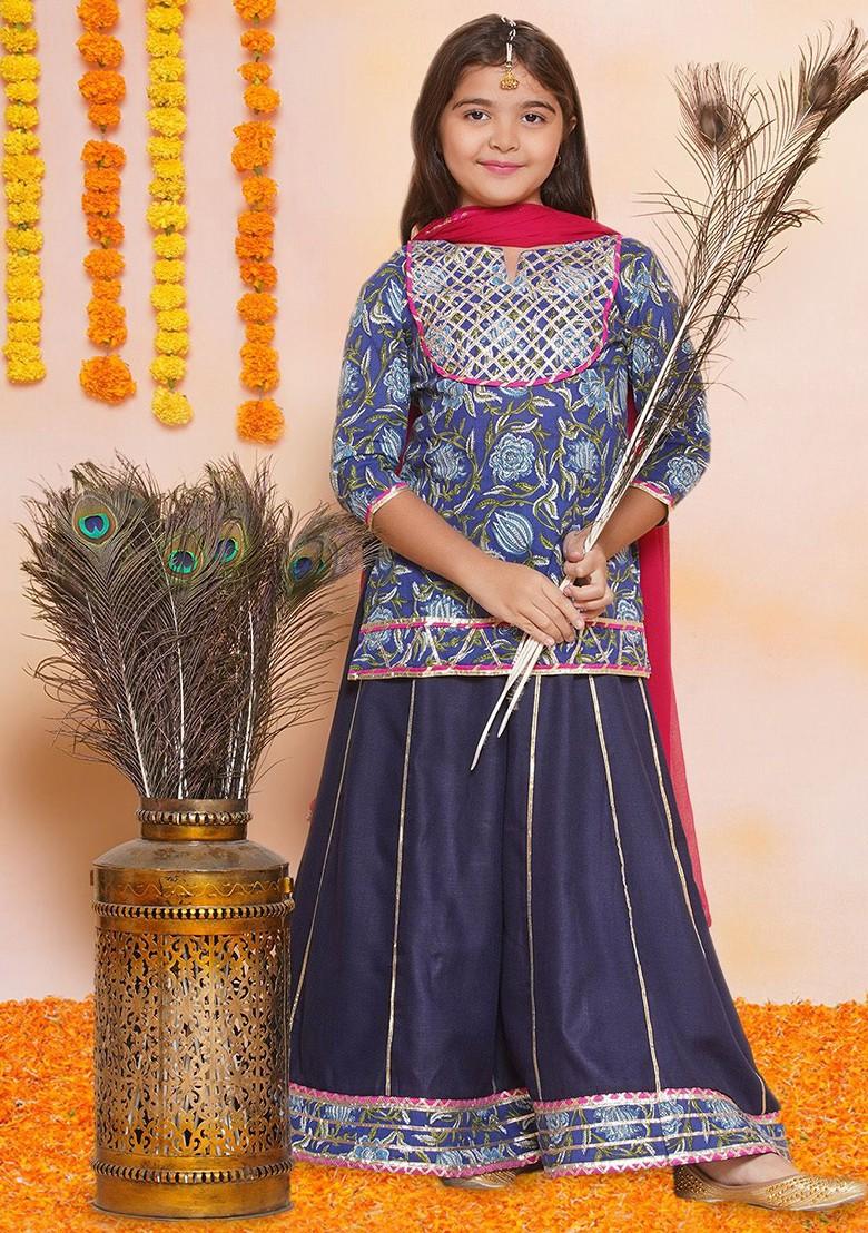 Navy Blue Girls Floral Printed Cotton Ready To Wear Lehenga And Blouse With Dupatta