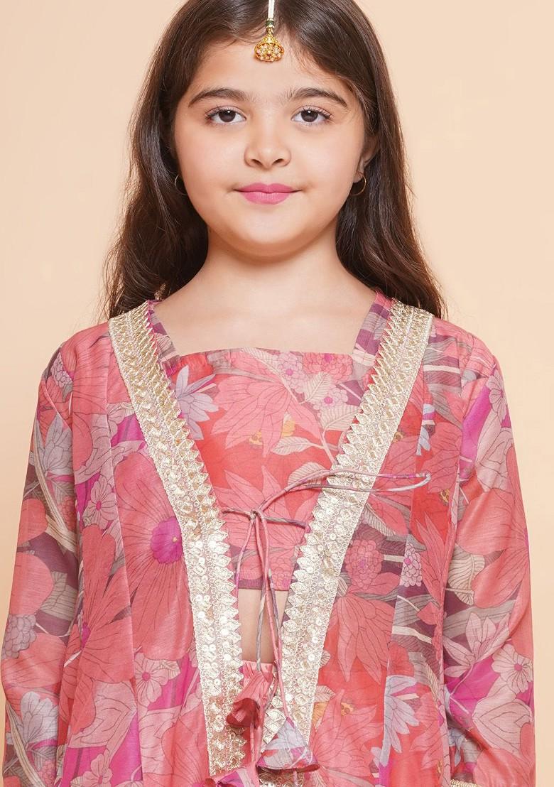 Peach Girls Floral Printed Mirror Work Ready To Wear Lehenga And Blouse With Shrug