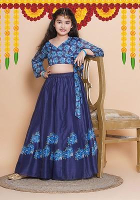 Navy Blue Girls Printed Ready To Wear Lehenga And Blouse