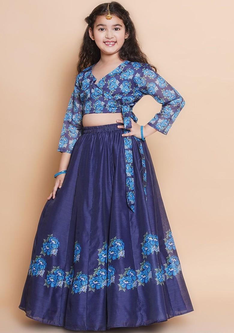 Navy Blue Girls Printed Ready To Wear Lehenga And Blouse