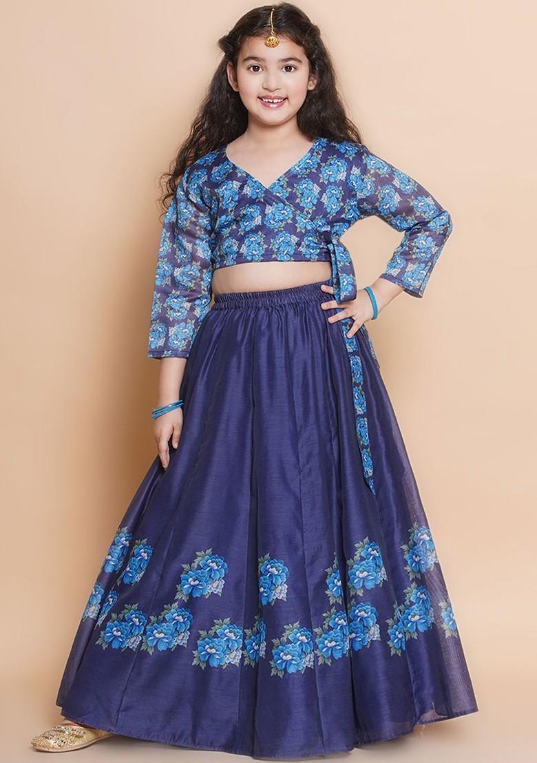 Navy Blue Girls Printed Ready To Wear Lehenga And Blouse