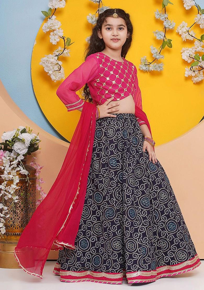 Pink Girls Embroidered Mirror Work Ready To Wear Lehenga And Blouse With Dupatta