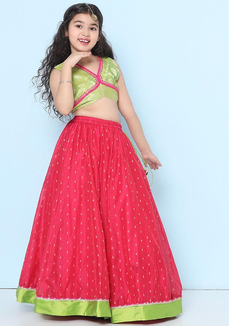 Pink Girls Floral Woven Design Ready To Wear Lehenga And Blouse With Dupatta