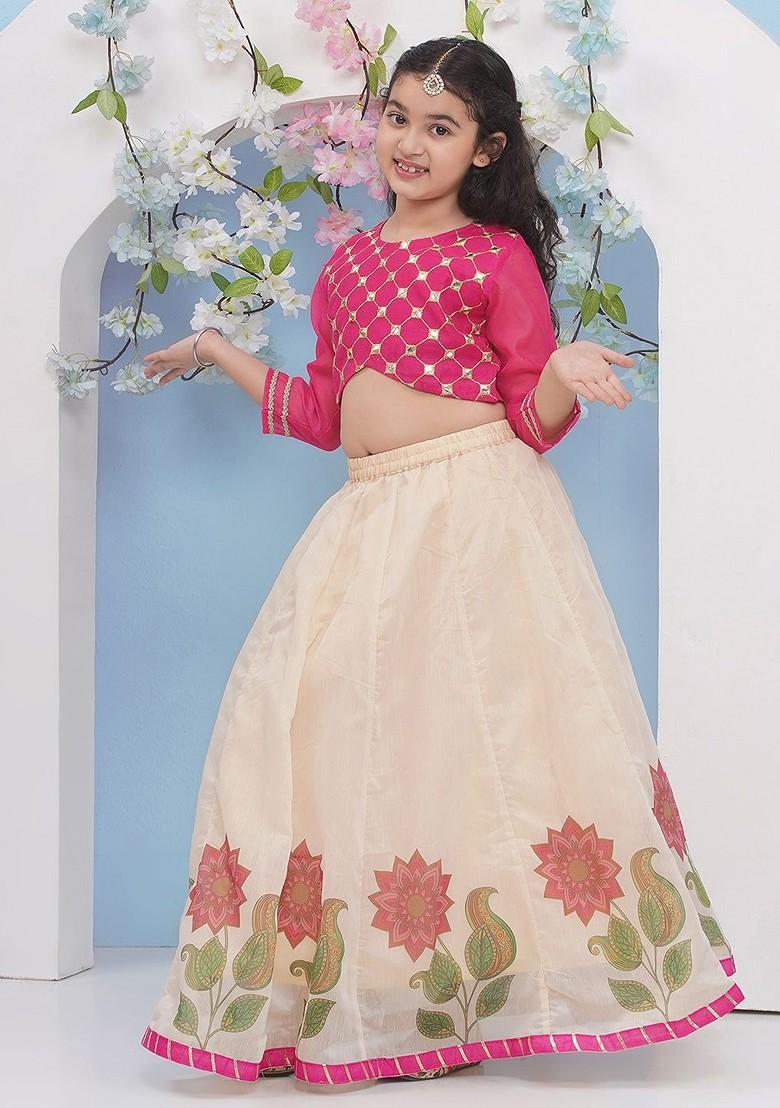 Pink Girls Embroidered Mirror Work Ready To Wear Lehenga And Blouse With Dupatta