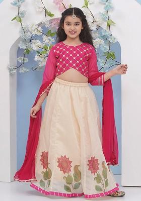 Pink Girls Embroidered Mirror Work Ready To Wear Lehenga And Blouse With Dupatta