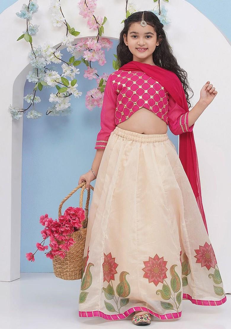 Pink Girls Embroidered Mirror Work Ready To Wear Lehenga And Blouse With Dupatta