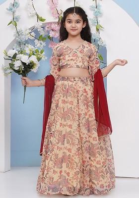 Beige Girls Printed Ready To Wear Lehenga And Blouse With Dupatta