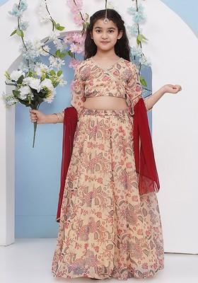 Beige Girls Printed Ready To Wear Lehenga And Blouse With Dupatta