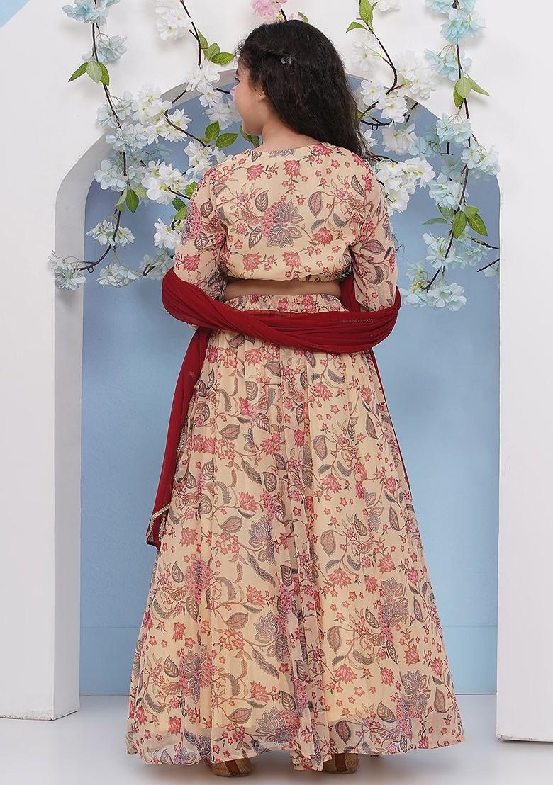 Beige Girls Printed Ready To Wear Lehenga And Blouse With Dupatta