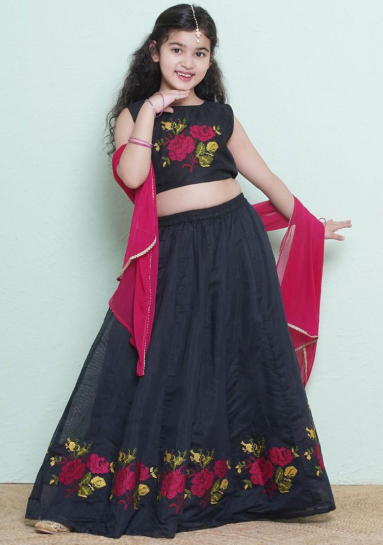Black Girls Embroidered Thread Work Ready To Wear Lehenga And Blouse With Dupatta
