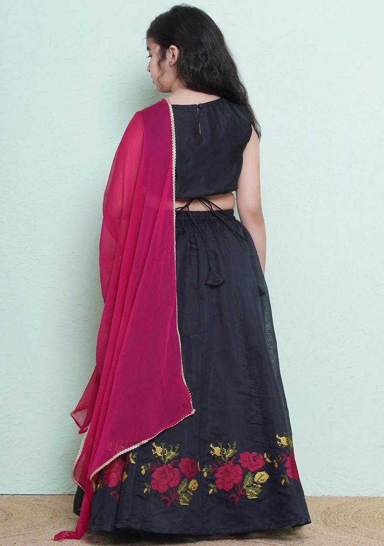 Black Girls Embroidered Thread Work Ready To Wear Lehenga And Blouse With Dupatta