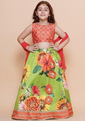 Orange Girls Embroidered Mirror Work Ready To Wear Lehenga And Blouse With Dupatta