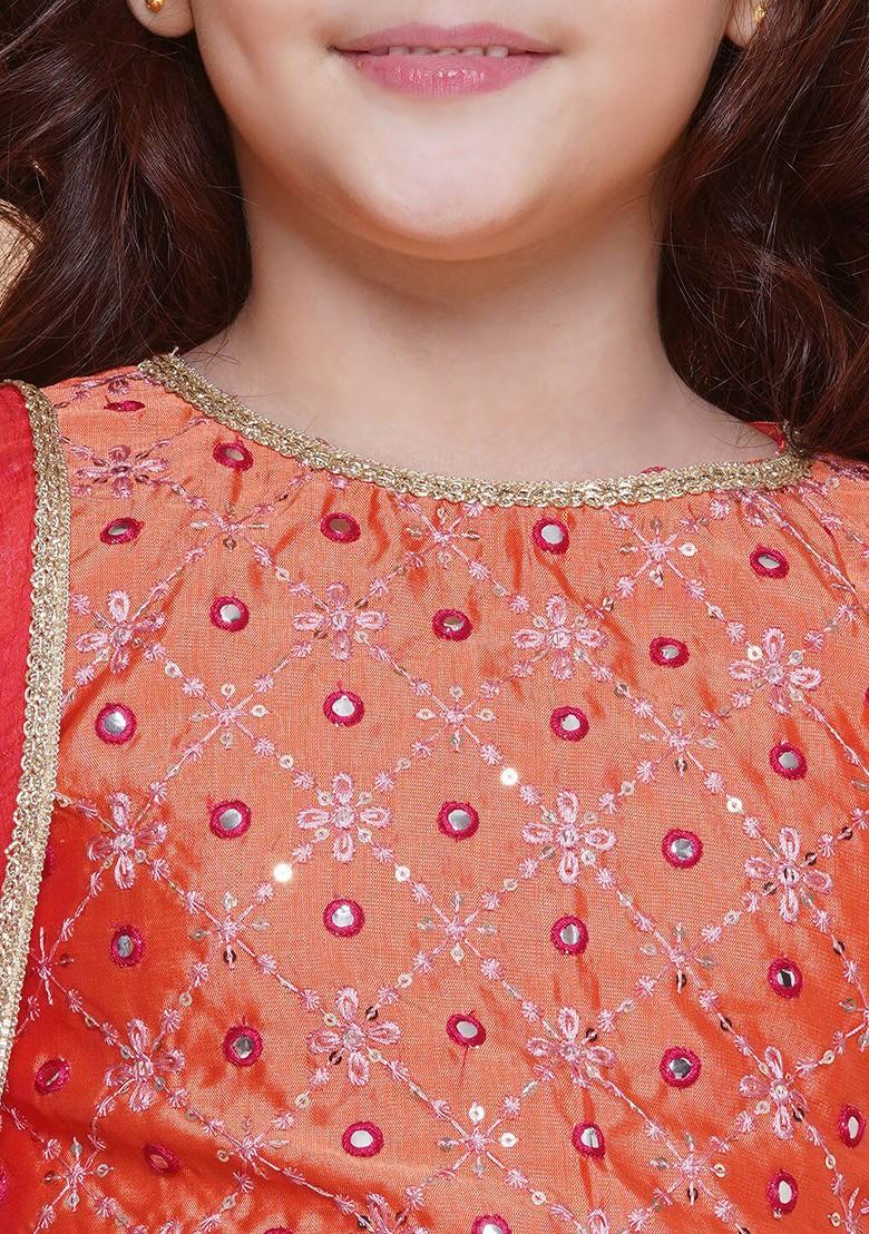 Orange Girls Embroidered Mirror Work Ready To Wear Lehenga And Blouse With Dupatta