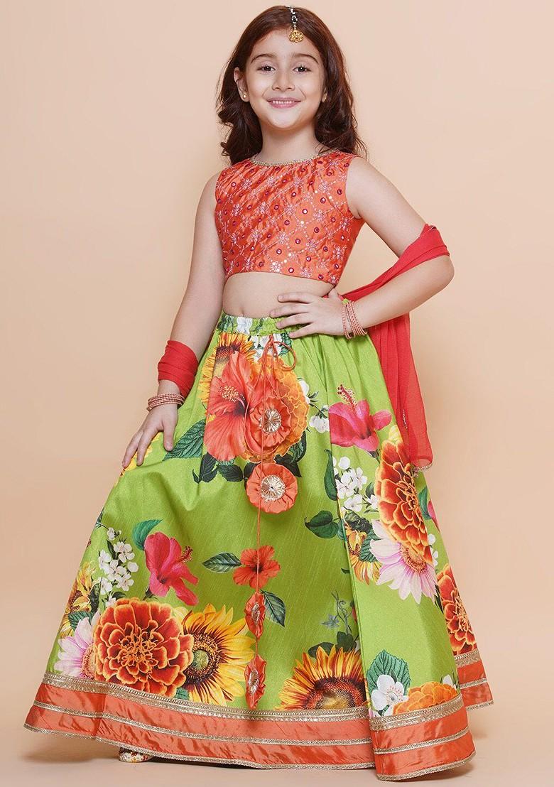 Orange Girls Embroidered Mirror Work Ready To Wear Lehenga And Blouse With Dupatta